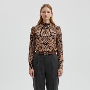 Mesh Flocked Paisley Tattoo Long-Sleeve Top